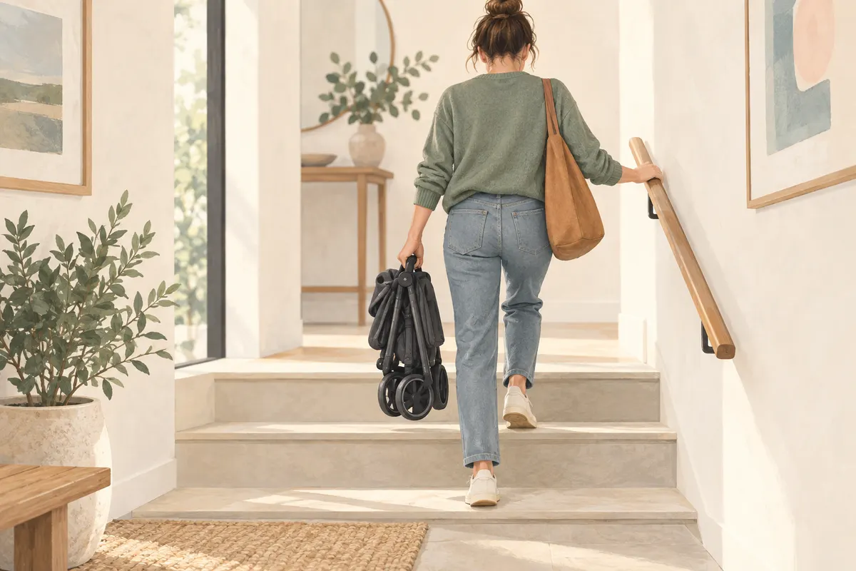 Adult carrying a folded stroller up stairs with one hand on the railing.