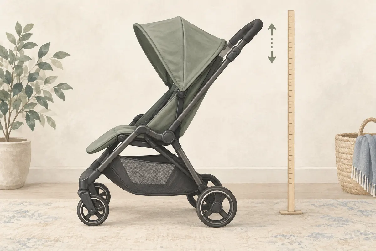 Compact stroller beside a vertical measuring guide and an arrow indicating handlebar height.