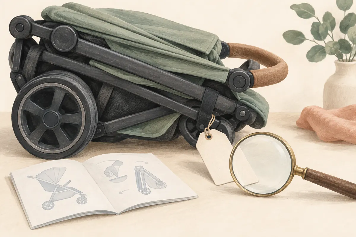 Stroller model tag, instruction booklet and magnifying glass beside a folded stroller.