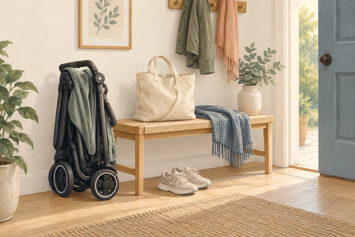 Folded compact stroller beside an entryway bench, tote bag and walking shoes.
