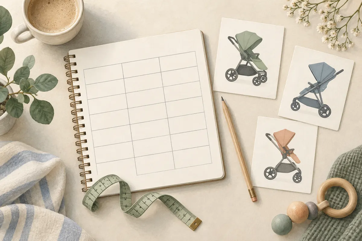 Comparison notebook, measuring tape and three illustrated stroller cards on a table.