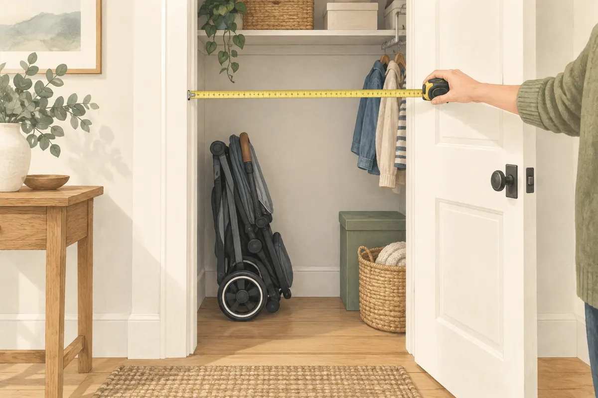 Tape measure across a closet doorway with a folded stroller stored inside.